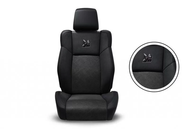 Black Nappa Leather Trim with Alcantara® Suede Bolsters, Alcantara Perforated Suede Inserts, Tungsten Accent Stitching and Embroidered Bee Logo